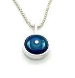 Tiny Framed Circle Necklace in Blue Glass and Sterling Silver