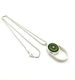 Oblong Circle Necklace in Green and Gray Glass and Sterling Silver