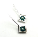 Offset Square Dangle Earrings with Mint, Turquoise, and Steel BlueGlass and Sterling Silver