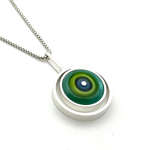 Offset Circle Necklace in Blue, Green, Turquoise Glass and Sterling Silver