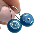 Small Short Circle Earrings in Turquoise, Blue, and Steel Blue Glass and Sterling Silver