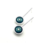 Framed Circle Long Stud Earrings in Mint and Blue Glass and Sterling Silver