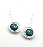 Offset Circle Long Stud Earrings in Mint and Blue Glass and Sterling Silver