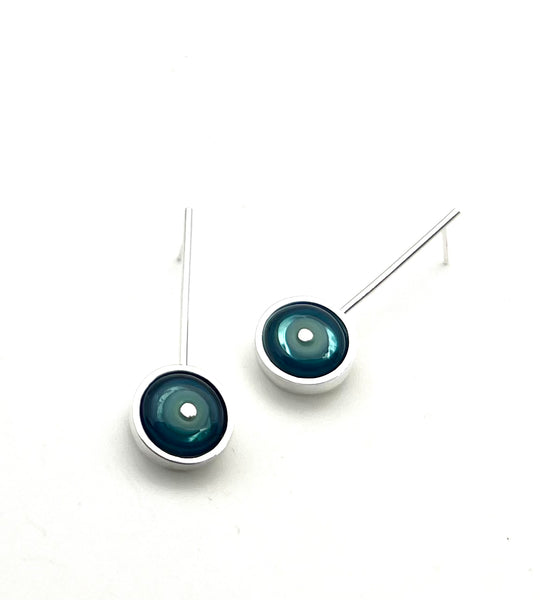 Framed Circle Long Stud Earrings in Mint and Blue Glass and Sterling Silver