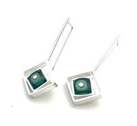 Offset Square Dangle Earrings with Mint, Turquoise, and Steel BlueGlass and Sterling Silver