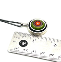 Offset Circle in Red/Orange, Lavender,and Green Glass and Oxidized Sterling Silver