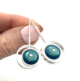 Offset Circle Long Stud Earrings in Mint and Blue Glass and Sterling Silver