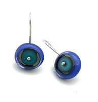 Circle Earrings in Turquoise, Gray, and Violet Glass and Sterling Silver