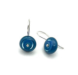 Small Short Circle Earrings in Turquoise, Blue, and Steel Blue Glass and Sterling Silver