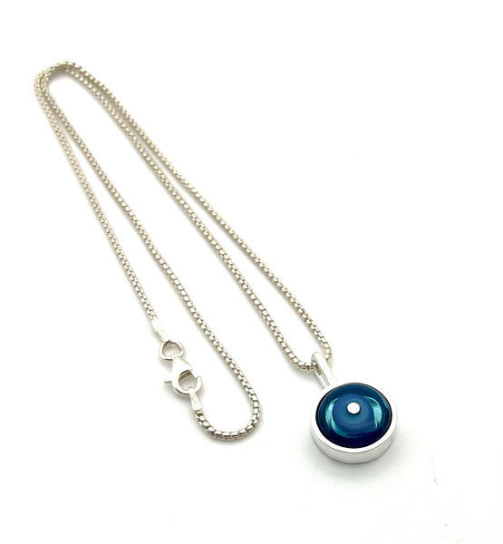 Tiny Framed Circle Necklace in Blue Glass and Sterling Silver