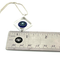 Circle in Square Necklace in Turquoise, Gray, and Violet Glass and Sterling Silver