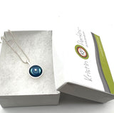 Tiny Framed Circle Necklace in Blue Glass and Sterling Silver