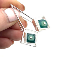 Offset Square Dangle Earrings with Mint, Turquoise, and Steel BlueGlass and Sterling Silver