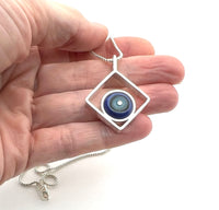 Circle in Square Necklace in Turquoise, Gray, and Violet Glass and Sterling Silver