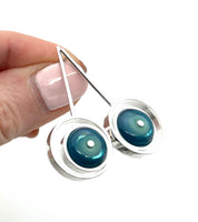 Offset Circle Long Stud Earrings in Mint and Blue Glass and Sterling Silver