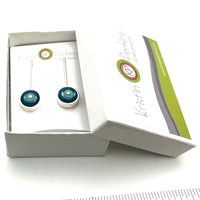 Framed Circle Long Stud Earrings in Mint and Blue Glass and Sterling Silver