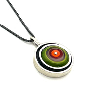 Offset Circle in Red/Orange, Lavender,and Green Glass and Oxidized Sterling Silver