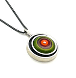 Offset Circle in Red/Orange, Lavender,and Green Glass and Oxidized Sterling Silver