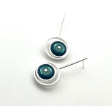 Offset Circle Long Stud Earrings in Mint and Blue Glass and Sterling Silver