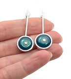 Framed Circle Long Stud Earrings in Mint and Blue Glass and Sterling Silver