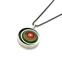 Offset Circle in Red/Orange, Lavender,and Green Glass and Oxidized Sterling Silver