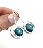 Offset Circle Long Stud Earrings in Mint and Blue Glass and Sterling Silver