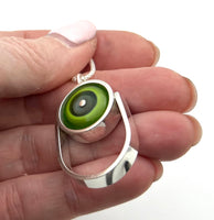 Oblong Circle Necklace in Green and Gray Glass and Sterling Silver