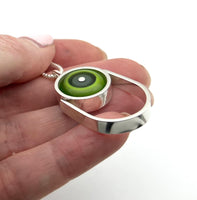 Oblong Circle Necklace in Green and Gray Glass and Sterling Silver