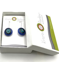 Circle Earrings in Turquoise, Gray, and Violet Glass and Sterling Silver