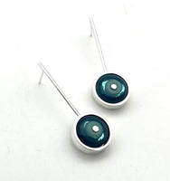 Framed Circle Long Stud Earrings in Mint and Blue Glass and Sterling Silver