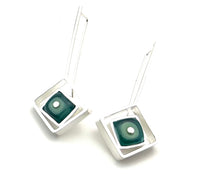 Offset Square Dangle Earrings with Mint, Turquoise, and Steel BlueGlass and Sterling Silver