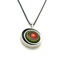 Offset Circle in Red/Orange, Lavender,and Green Glass and Oxidized Sterling Silver