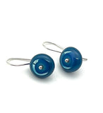 Small Short Circle Earrings in Turquoise, Blue, and Steel Blue Glass and Sterling Silver