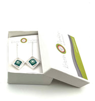 Offset Square Dangle Earrings with Mint, Turquoise, and Steel BlueGlass and Sterling Silver