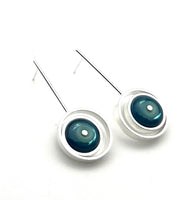 Offset Circle Long Stud Earrings in Mint and Blue Glass and Sterling Silver