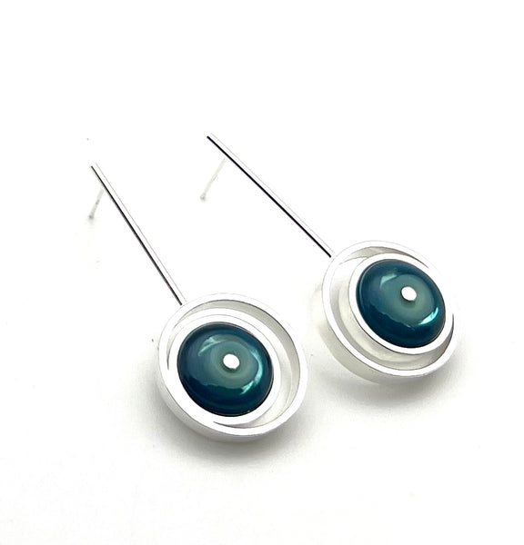 Offset Circle Long Stud Earrings in Mint and Blue Glass and Sterling Silver