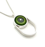 Oblong Circle Necklace in Green and Gray Glass and Sterling Silver