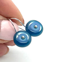 Small Short Circle Earrings in Turquoise, Blue, and Steel Blue Glass and Sterling Silver