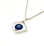 Circle in Square Necklace in Turquoise, Gray, and Violet Glass and Sterling Silver