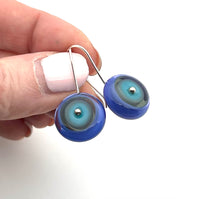 Circle Earrings in Turquoise, Gray, and Violet Glass and Sterling Silver