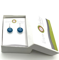 Small Short Circle Earrings in Turquoise, Blue, and Steel Blue Glass and Sterling Silver