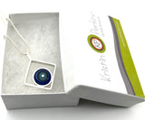 Circle in Square Necklace in Turquoise, Gray, and Violet Glass and Sterling Silver