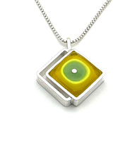 Offset Diamond Shaped Drop Necklace in Mint and Yellow Glass and Sterling Silver