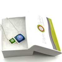 Double Square Necklace in Lavender, Blue, and Green Glass and Sterling Silver