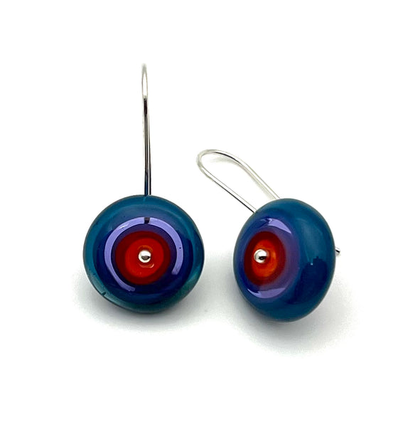 Medium Dangle Earrings in Orange, Lavender, and steel Blue Glass and Sterling Silver