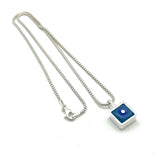 Tiny Framed Square Necklace in Blue Glass and Sterling Silver