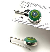 Drop Earrings - Circle Framed Sterling Silver and Blue, Green, and Turquoise Glass