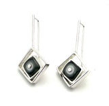 Offset Square Dangle Earrings with White and Gray Glass and Sterling Silver