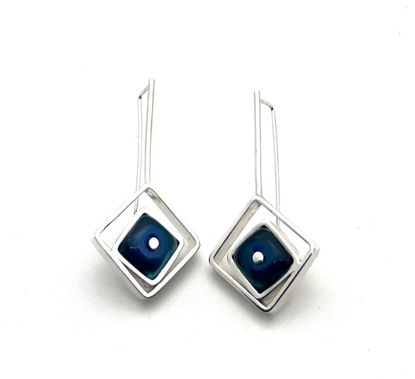 Offset Square Dangle Earrings with Blue and Steel Blue Glass and Sterling Silver