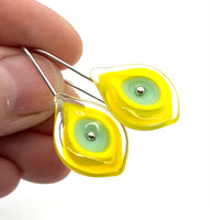 Leaf Dangle Earrings in Mint Green and Yellow Glass and Sterling Silver